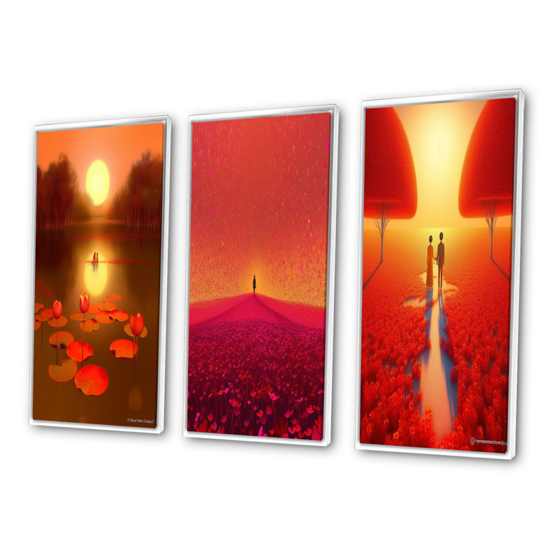 «Asian Lotus Pond Serenity Full Moon Reflections», 3 pièces sur toile, Cadre blanc, H 36 po x l 20 po