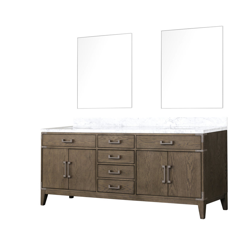 Meuble-lavabo double en chêne gris 80 po L 22 po, comptoir en marbre, deux armoires et meuble-lavabo à tablettes, quatre tiroirs de rangement