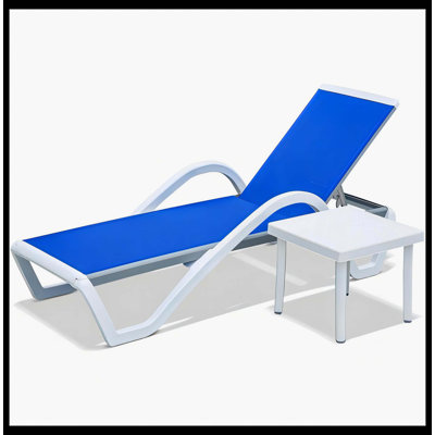 Patio Chaise Lounge Adjustable Aluminum Pool Lounge Chair With Armrest, All-Weather Outdoor Pool Chair For Outside, In-Pool & Lawn (Blue, 1 Lounge Chair + 1 Plastic Table)