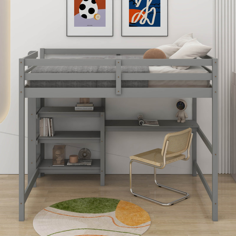 Wooden Loft Bed With Shelves, Desk And Writing Board, Gray, Full