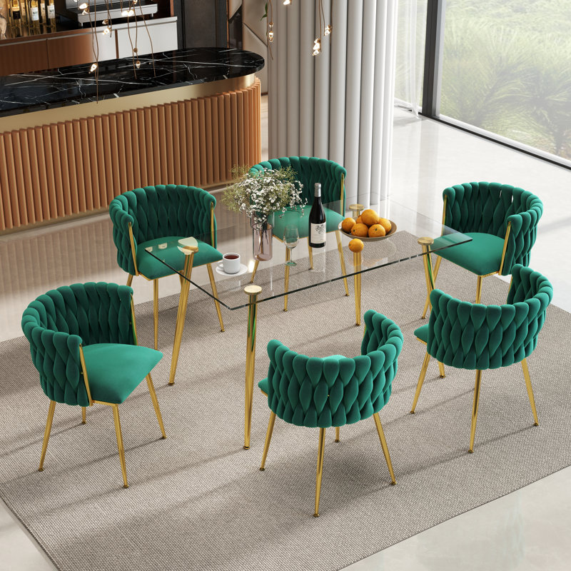 Ensemble de salle à manger rectangulaire moderne avec chaise rembourrée, 7 pièces : table, 6 chaises, Vert/doré, Doré