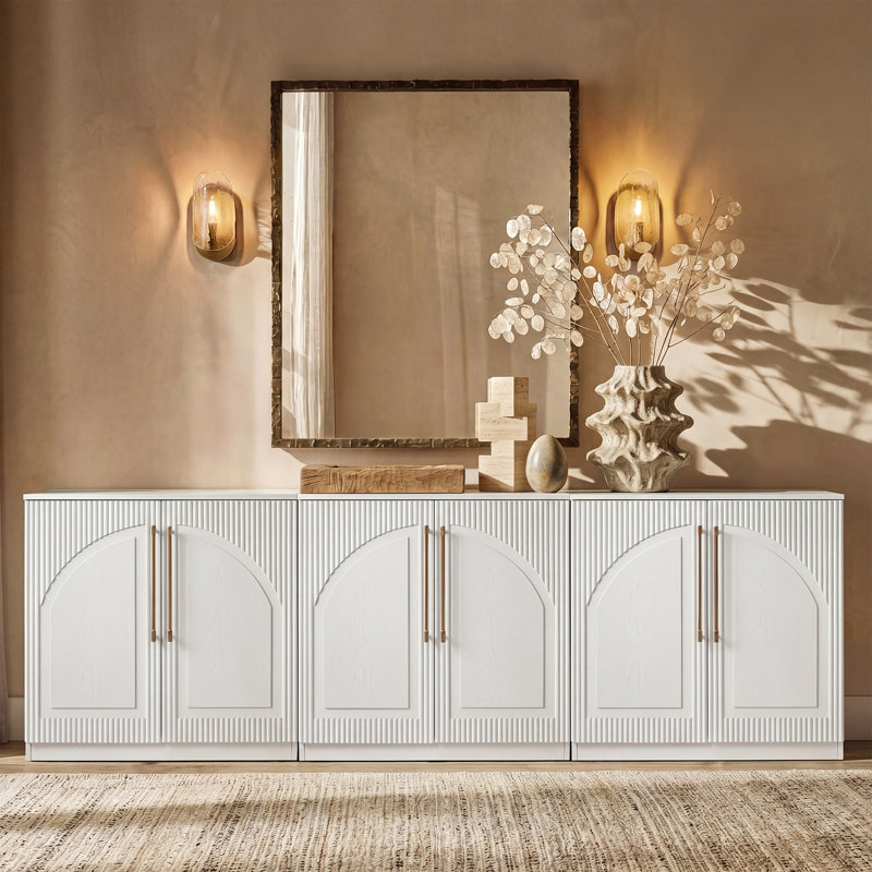 93" Modern Arched Fluted Cabinet – Sideboard & Media Console, Wave Panel Doors, Brass Knurled Handles, Ash Veneer – Living & Dining Room