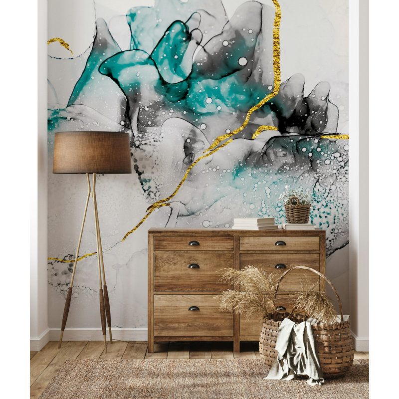 Papier peint veiné or gris sarcelle, L 75 po x l 112 po