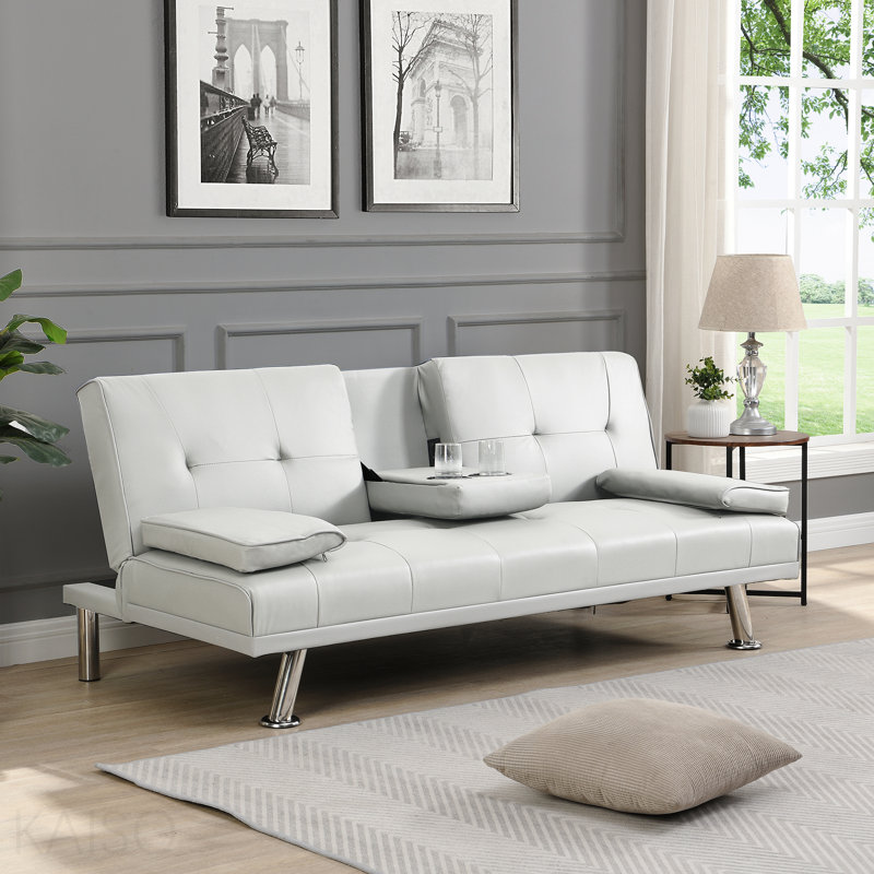 Canapé-lit avec accoudoirs à deux supports, structure en bois, pieds en acier inoxydable, futon blanc, PVC, White