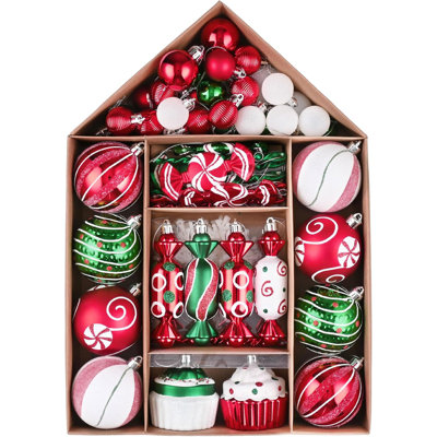  Christmas Tree Ornaments Set, 70ct Candy Cane Red Green White Shatterproof Christmas Tree Decorations Bulk, Variety Decorative Hanging Ball Ornaments for Xmas Trees Holiday Party Decor