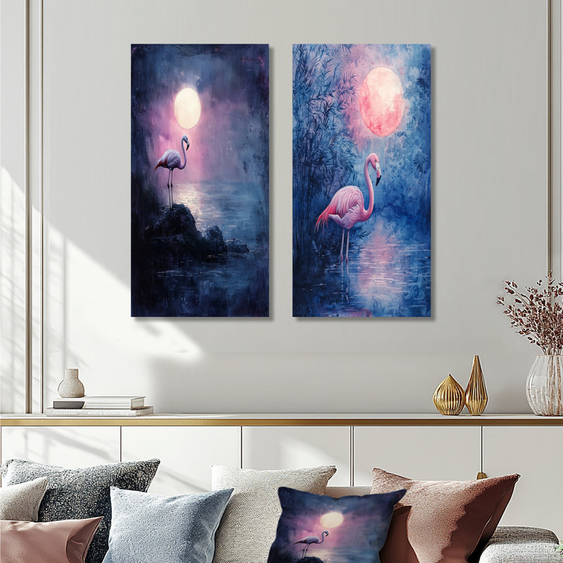 Flamant rose au clair de lune I - oiseaux roses, impression murale 2 panneaux, H 40 po x l 40 po