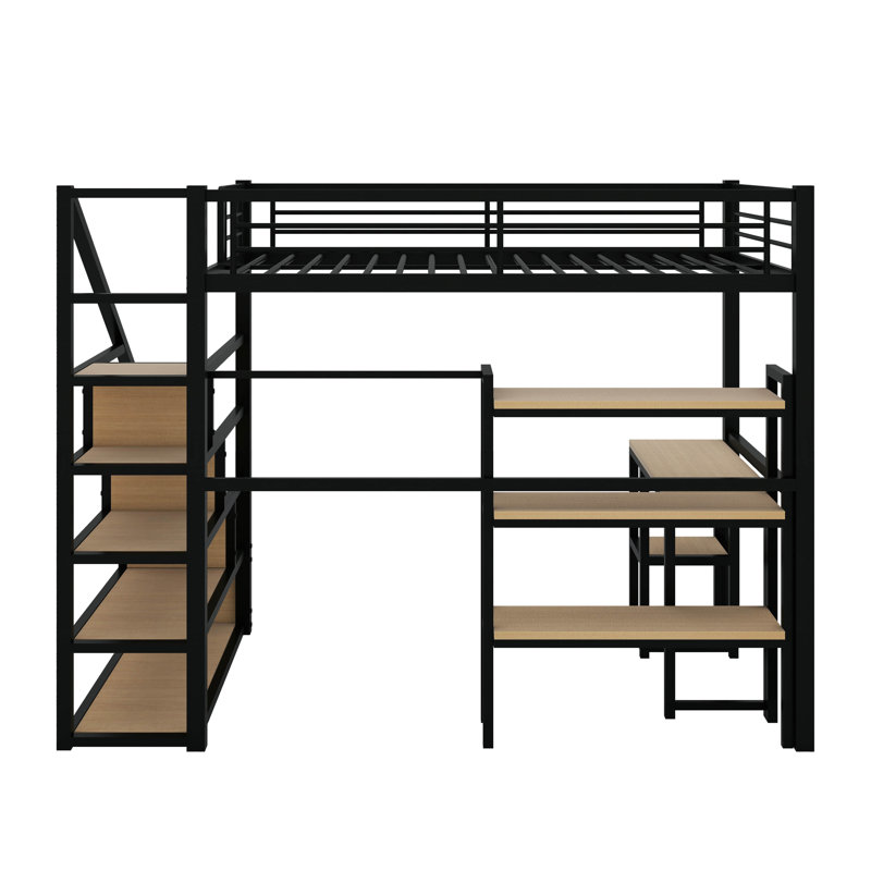 Lit mezzanine double en métal avec escalier, bureau et tablettes