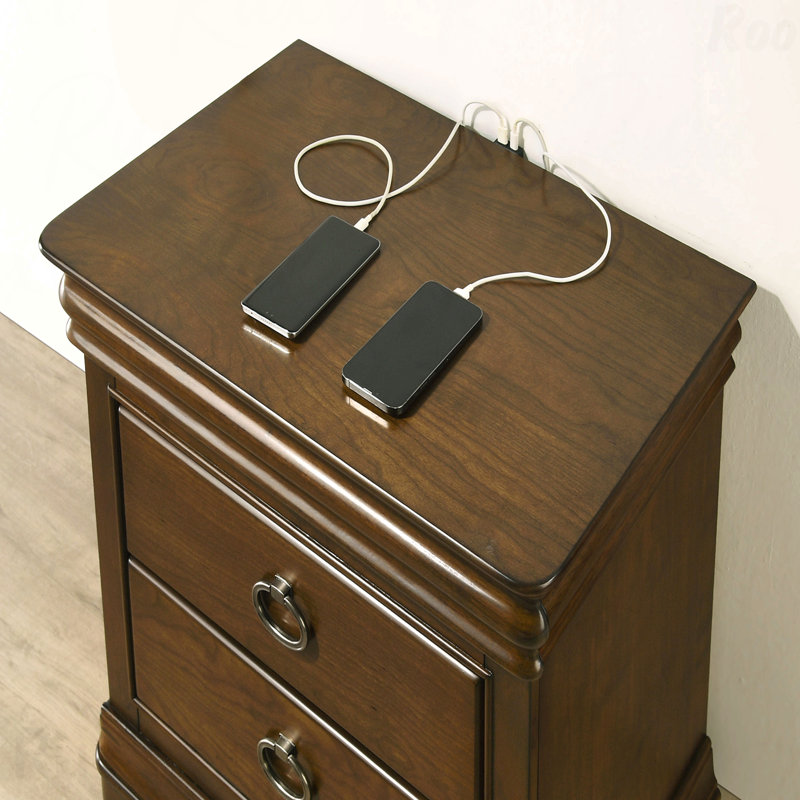 Table de chevet 3 tiroirs brun cerise avec ports USB