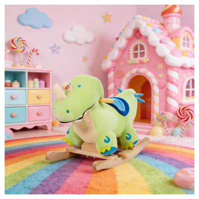 Plush Dinosaur Rocking Horse with Realistic Sounds, Green Cotton and Wood Frame