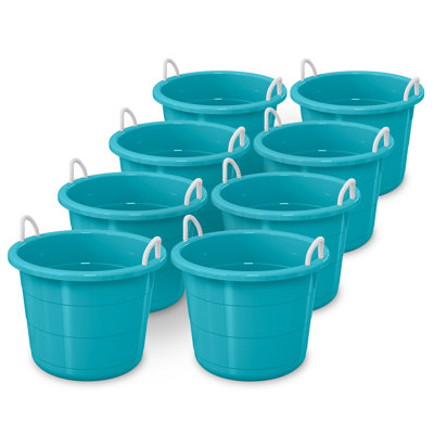  17 Gallon Round Open Storage Bucket with Rope Handles, Teal, 8 Pack