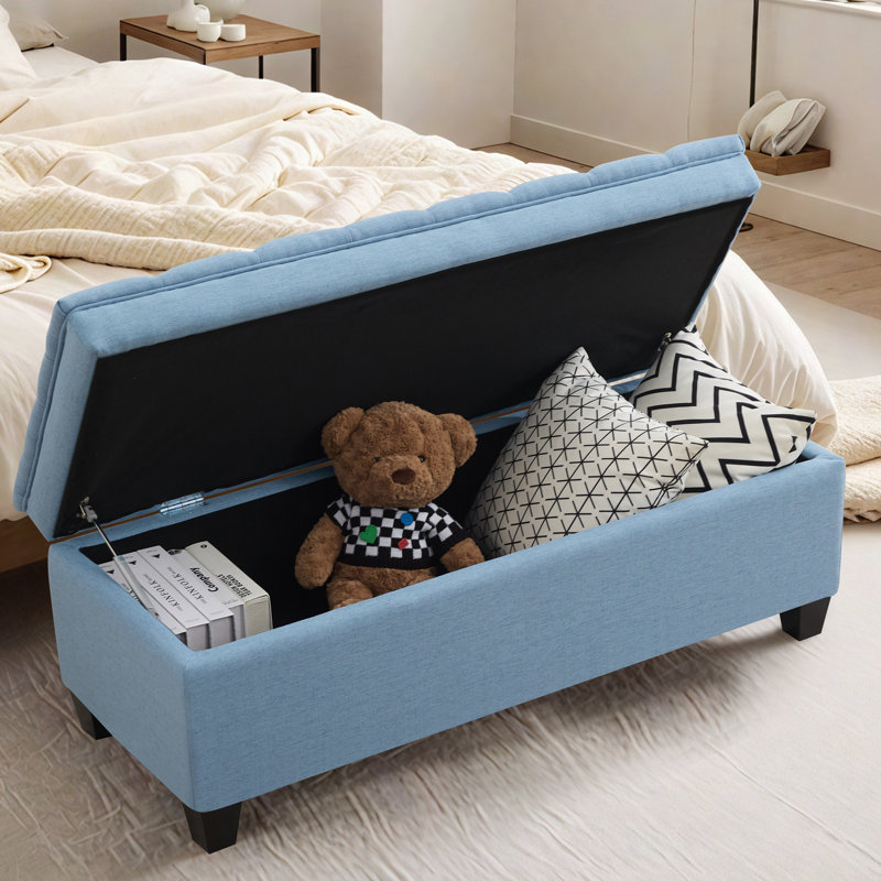 51" W Linen Upholstered Flip Top Storage Bench, Blue