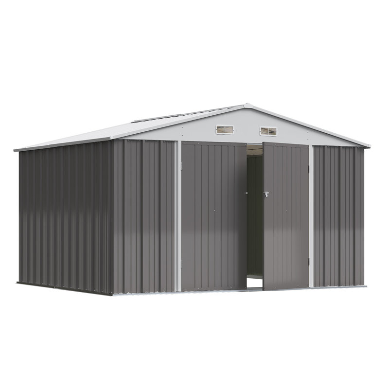 Outdoor Garden Metal Storage Shed with Lockable Double Doors, 76.4" H x 125.5" W x 103" D, Gray