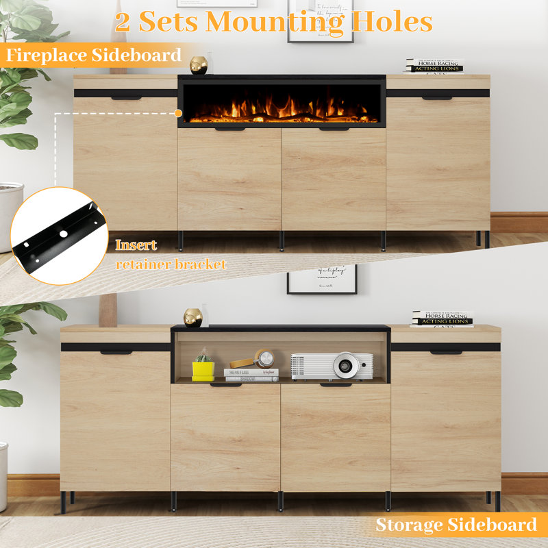 80" Fireplace Tv Stand With 40" Fireplace, Side Storage Cabinets, Natural Wood