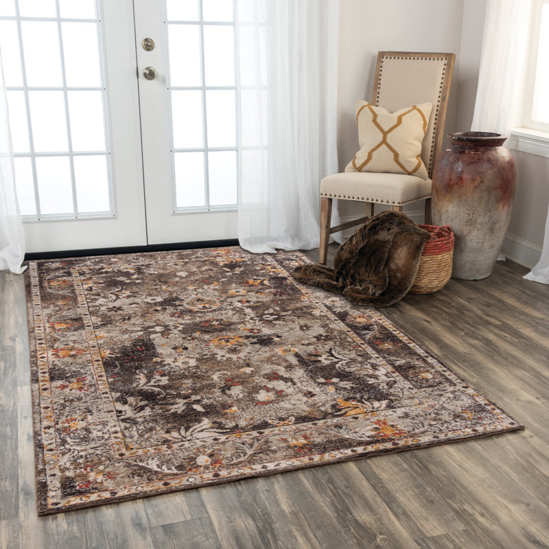 Tapis brun / beige en laine à motif floral Maratea, Rectangle 8 pi x 10 pi
