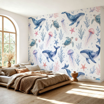 Wall Mural Peel and Stick Wallpaper Sea animals blue watercolor ocean seamless pettern fish turtle whale Self-Adhesive Removable Contact Paper Wall Decor for Living Room Bedroom 100"H x 144"W