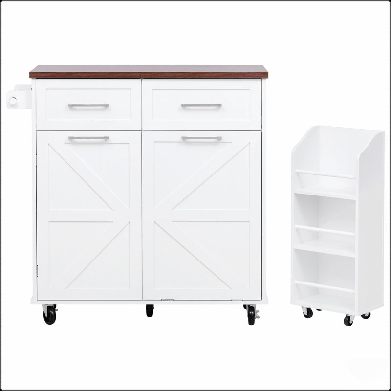 Farmhouse Kitchen Island With Drop Leaf And Removable Racks, Two Drawers, Rolling Cart On Wheels, Ideal For Home And Kitchen Storage