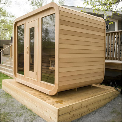 ZONEMEL 4-6 Person Wooden Outdoor Steam Sauna Room, Canadian Hemlock, ETL Certified 6KW TOULE Heater, Top PU Waterproof Cloth, Side Wooden Boards, Lying Down Benches, 8mm Tempered Glass, 220V