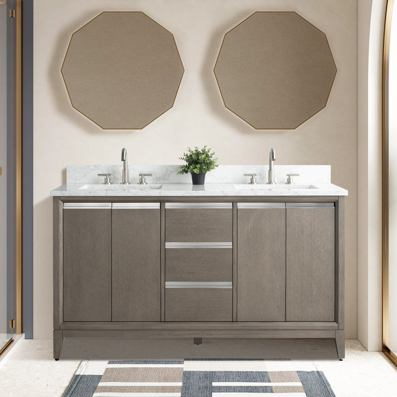 Meuble-lavabo double 60 po avec comptoir, Bois flottant gris, Lit double, 60"