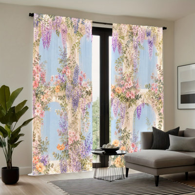 2 Panels Light Filtering Curtains, Romantic Wisteria Floral Vintage Garden Arch Print Home Decor, Easy Hang Rod Pocket Design, All Season Window Drapes for Indoor Balcony Courtyard Living Room Bedroom Decoration