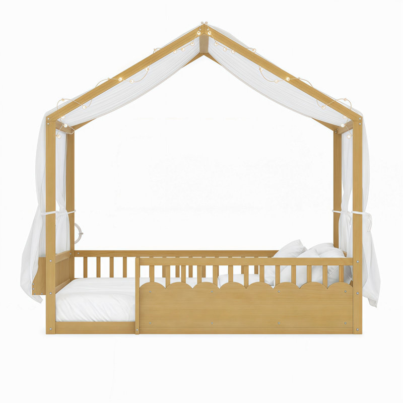 Lit de plancher pour enfants, base de lit en bois avec garde-corps de sécurité, guirlande lumineuse intégrée et tablette