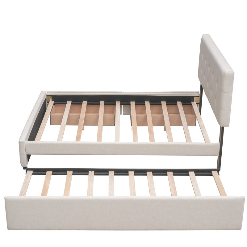 Lit plateforme tapissier avec 2 tiroirs et 1 lit gigogne simple TG, tissu en lin, taille Marcene, Beige