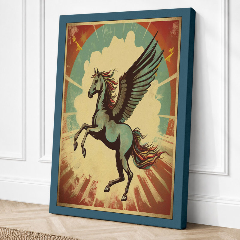 Winged Horse in Flight Art Deco 1 Piece Wrapped Canvas Wall Art, 30x20 - 76.2 x 50.8 cm, Teal Border