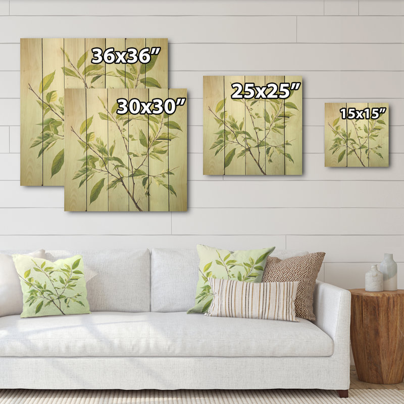 «Green Ferm Simple Collage I - Leaves Wood», art mural sur bois de pin naturel, H 15 po x l 15 po
