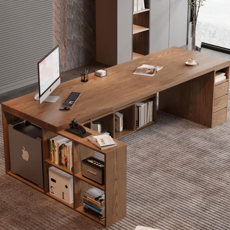 Bureau en bois massif en L noyer clair avec 3 tiroirs, H 29,53 po x l 70,87 po x P 51,18 po