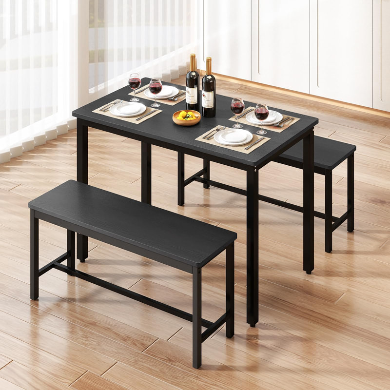 Ensemble de salle à manger 4 pièces pour 4 personnes avec 2 bancs, Noir, Noir, Noir