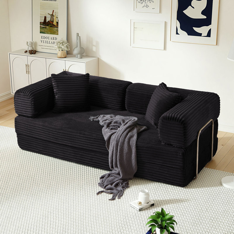 Hartwig Boneless 80"W Convertible Folding Sofa Bed, Corduroy Upholstered King Size Compression Foam Floor Couch In a Box