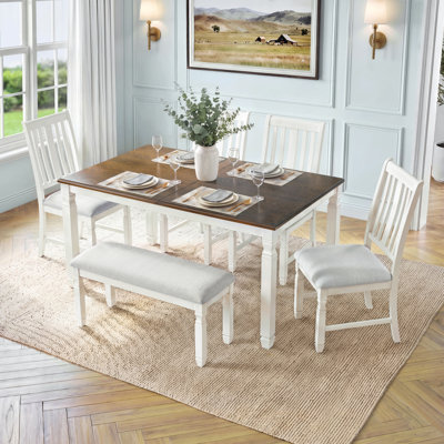 Ensemble de table de salle à manger extensible 6 pièces pour 6 personnes, ensemble de salle à manger de cuisine moderne avec 4 chaises rembourrées et 1 banc, ensemble de salle à manger à lattes en bois d'hévéa pour un usage familial