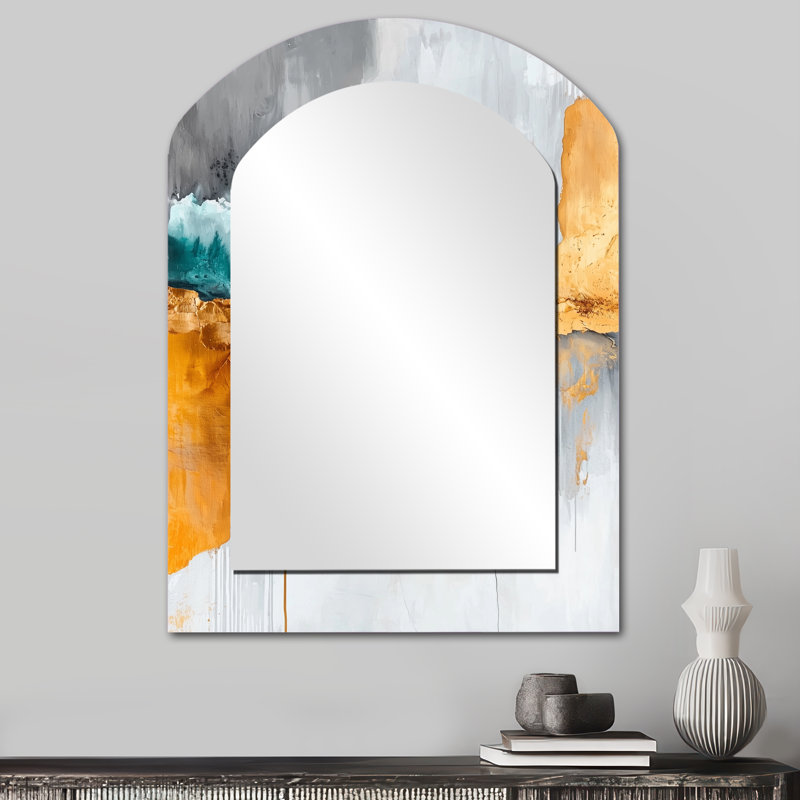 Contraste d'harmonie de marbre gris et doré I - miroir asymétrique transitionnel, miroir mural décoratif en arche dorée, impression d'art en métal