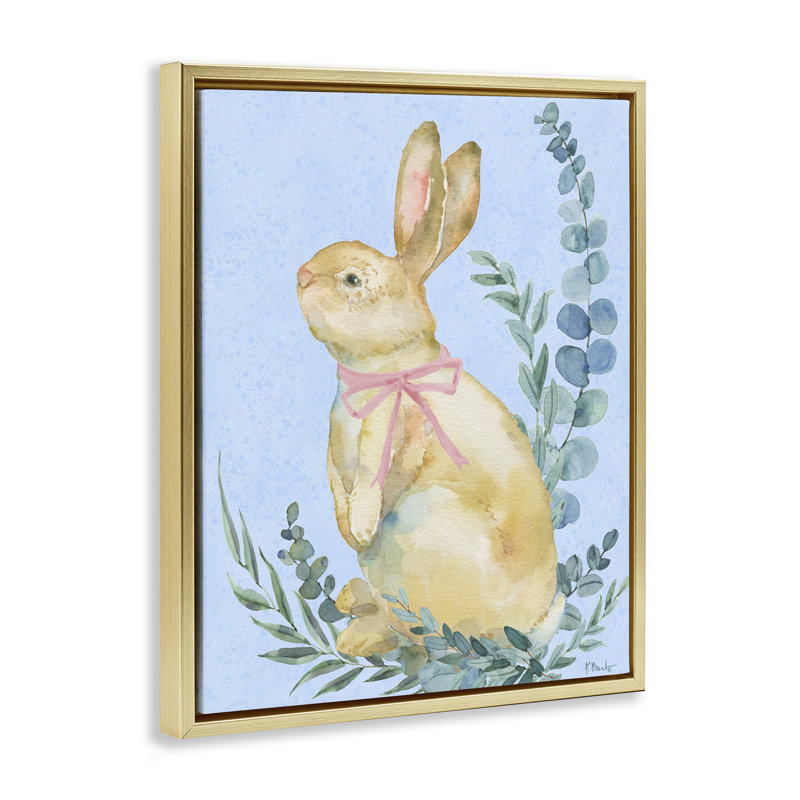 Lapin d'eucalyptus sur cadre flottant bleu, design par Paul Brent, H 21 po x l 17 po, Cadre flottant métallique doré