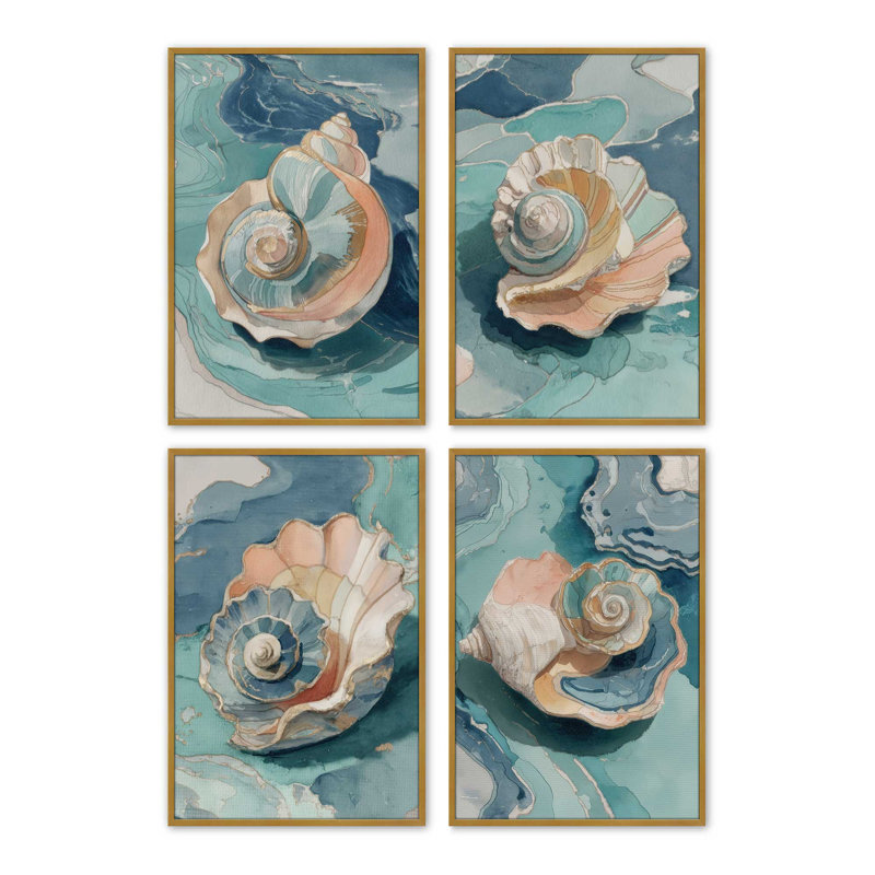 Ensemble de 4 impressions Shell Yeah Calm, 36 po x 24 po, Impression encadrée, Or poli