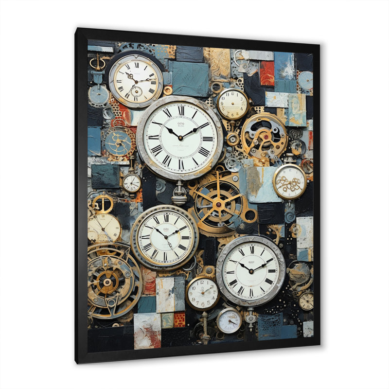 Collage horloger sur toile, H 44 po x l 34 po x P 1,5 po, Cadre simple noir