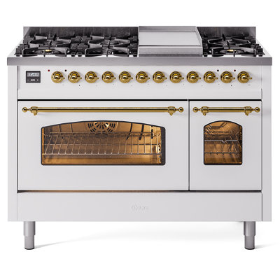 ILVE Nostalgie II Series 48 inch Dual Fuel Range with 8 Sealed Burners, Griddle (Glass Door)