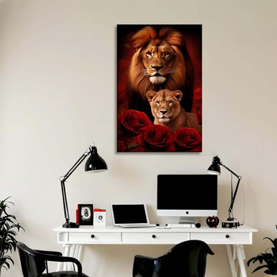 Lion Canvas Wall Art Lion And Lioness Decor Rose Flower Picture Animal Painting Contemporary Artwork