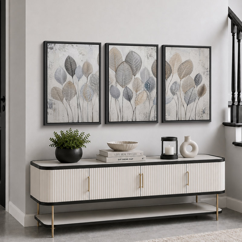 «Neutral Silver Leaf Botanical Art», photos de salon, impression sur toile encadrée, 3 pièces, H 24 po x l 48 po x P 1,5 po