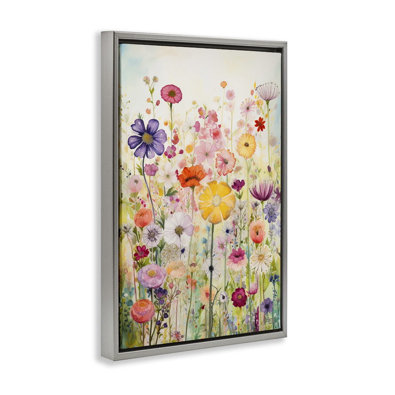 Toile flottante encadrée «Bright Flower Garden» par Roozbeh Bahramali, H 25 po x l 17 po, Cadre flottant gris lustré