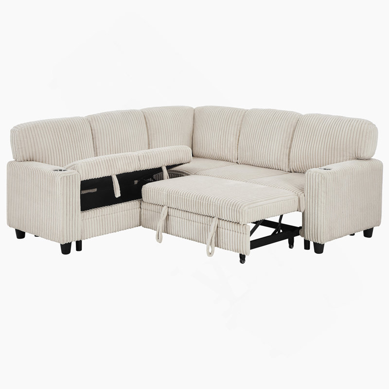 Canapé-lit modulaire en L avec canapé-lit, chargement USB et rangement pour les espaces de vie modernes., Beige