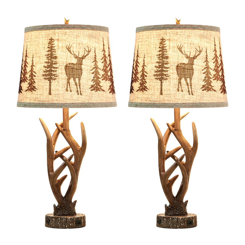 26" Dimmable Antler Table Lamp With 3-Way Bulbs & USB Ports