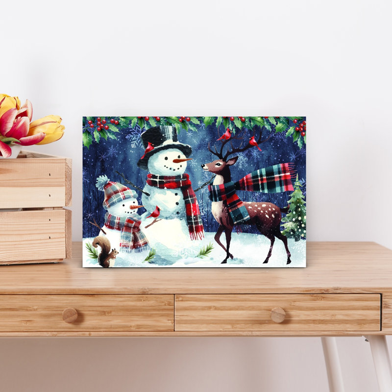 Christmas Snowmen With Reindeer by Nicole DeCamp - Wrapped Canvas Print, 30.48cm H x 45.72cm W