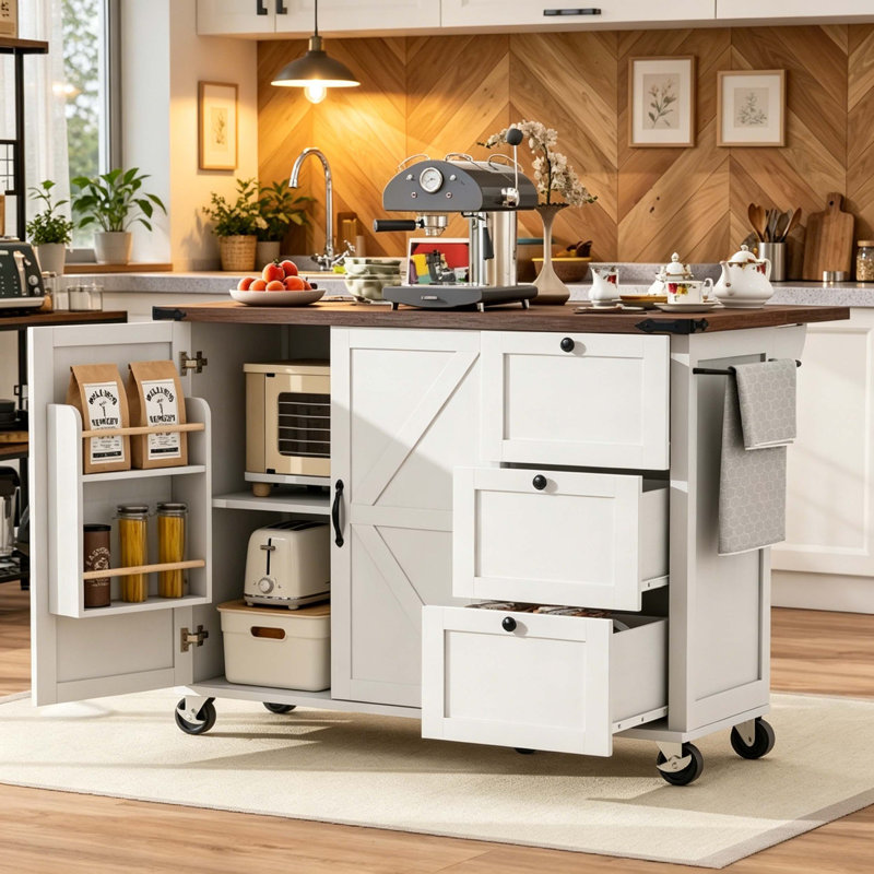 Farmhouse Rolling Kitchen Island Cart with Power Outlet, Drop Leaf Top, Side Spice Rack & Lockable Casters, White