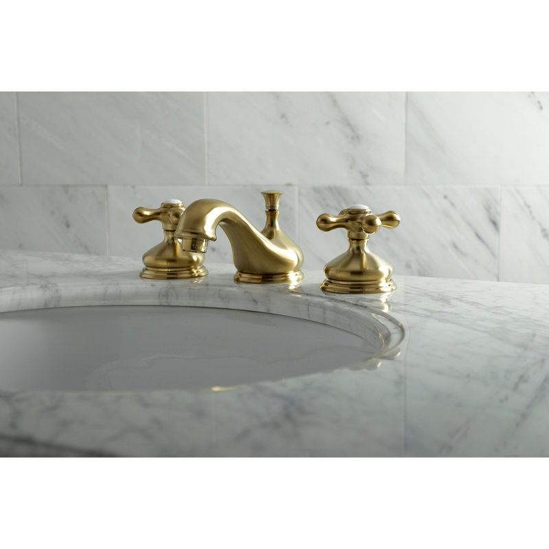 Kingston Brass Heritage Two-Handle 3-Hole Deck Mount Widespread Bathroom Faucet with Brass Pop-Up Drain, Satin Brass