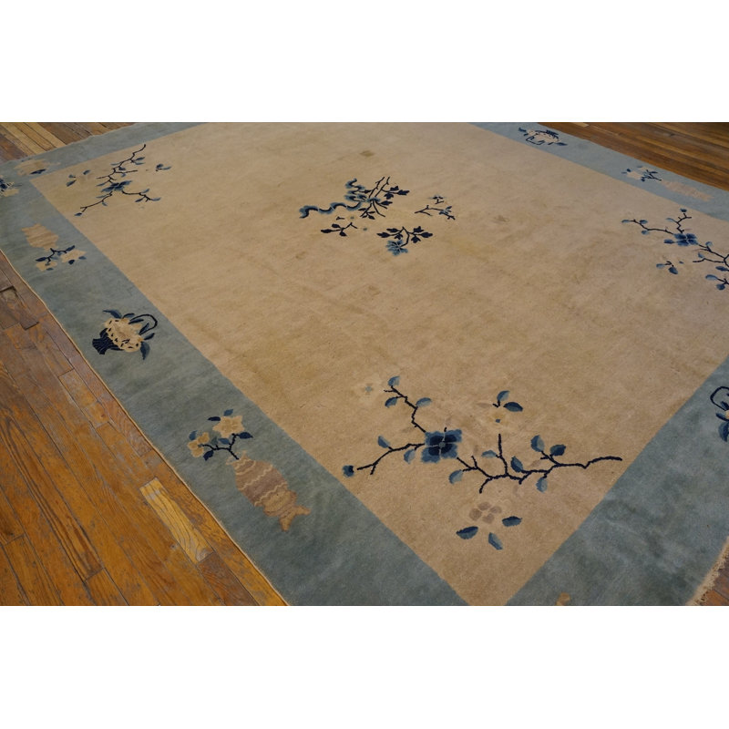 Ivory 1900s Chinese - Peking Knotted Rectangle Antique Wool Room Size Rug