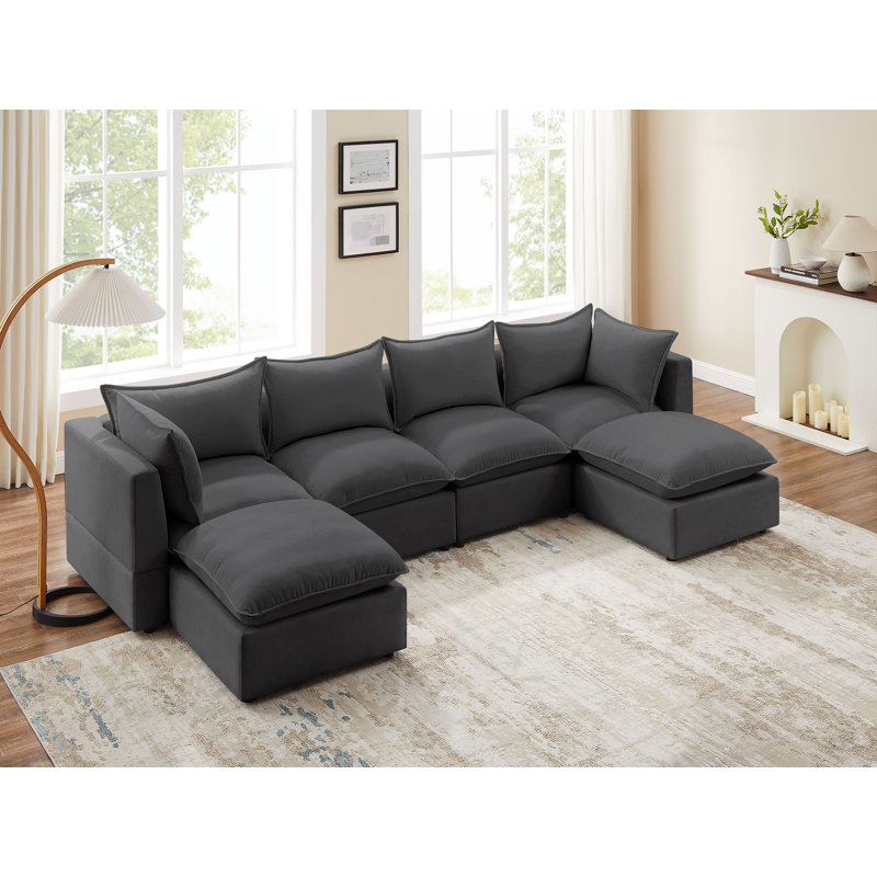 Upholstered U-Shaped Sectional with Ottoman Reversible, Dark Gray Polyester