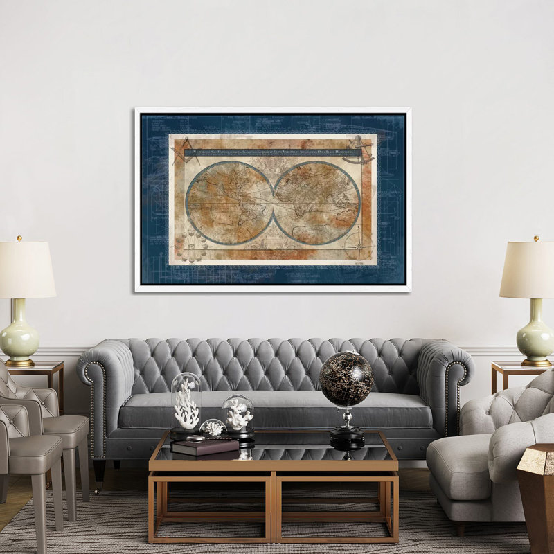 Blueprint Of The World by Carol Robinson - Print on Canvas, 66.04 cm H x 45.72 cm W, White Framed Canvas