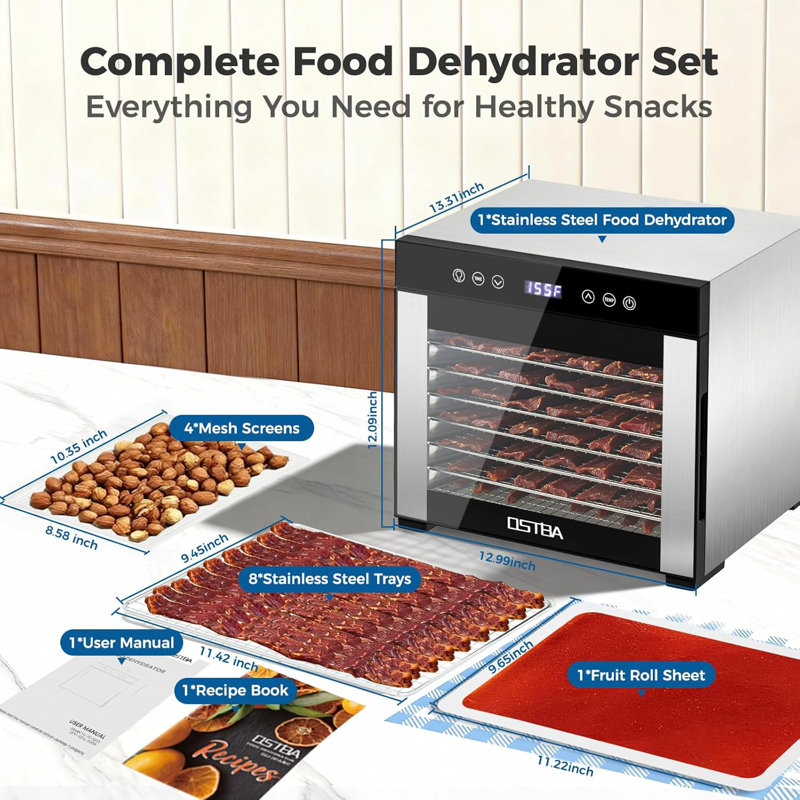 OSTBA Food Dehydrator, 8 Stainless Steel Trays, 95–165℉ Adjustable Temperature, 48h Digital Timer, Double-Layer Food Dryer, Recipe for Fruit, Vegetable, Jerky, Herb