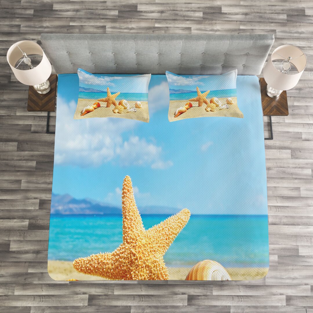 Gestepptes Bettdecken-Set, Strand-Sand mit Seestern, Sommer, Aqua Ivory Mustard