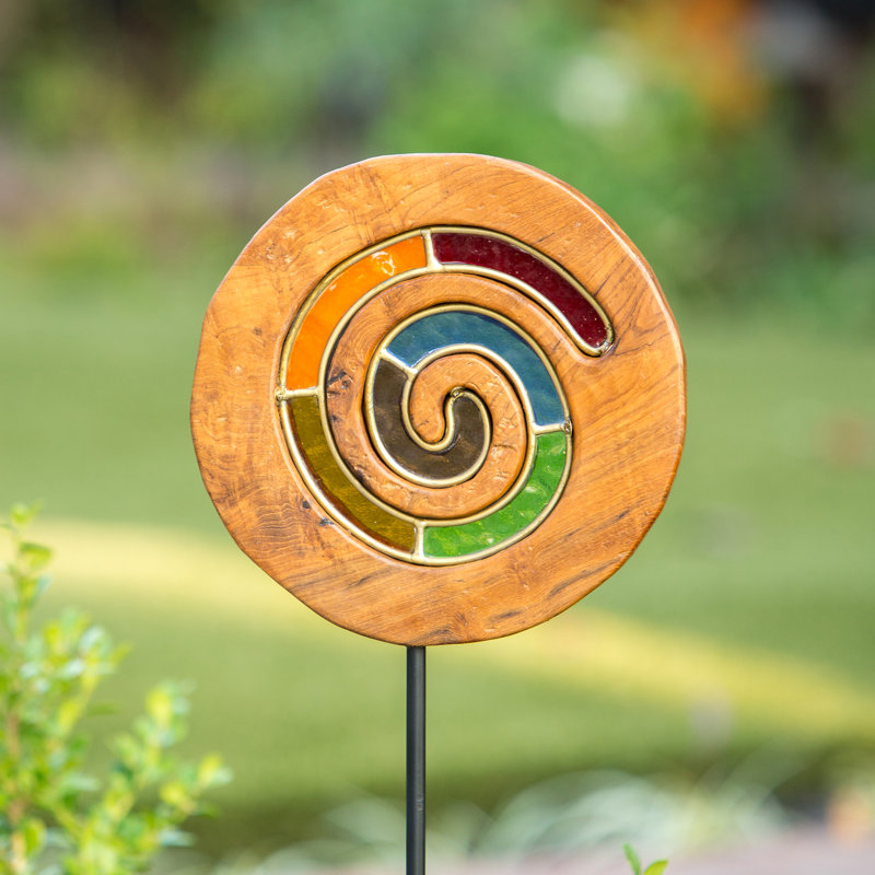 Teak Slab Stained Glass Spiral Garden Stake 4FT